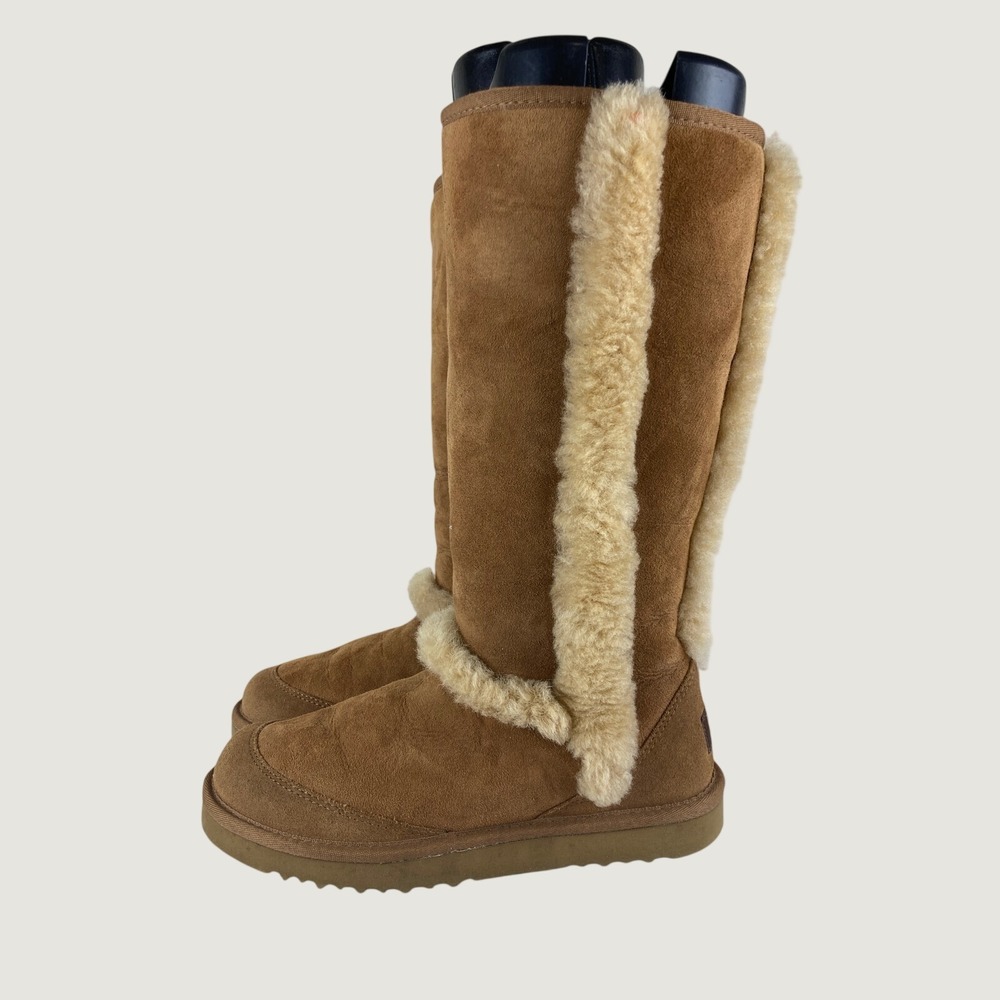 UGG Sunburst Tall Boots Women Sz 7 Chestnut Brown Suede Sheepskin Winter Fall